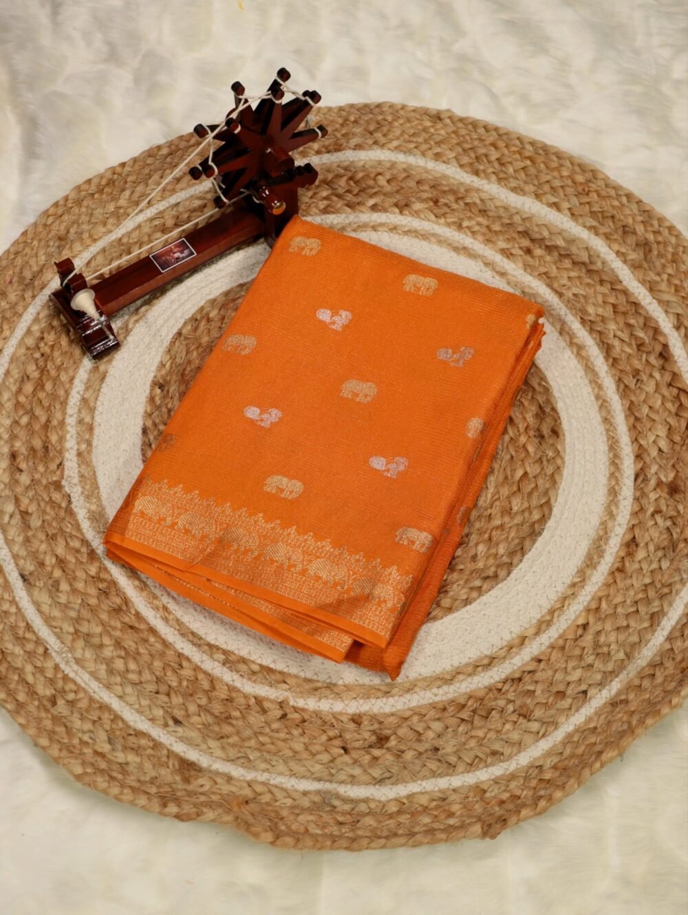 Sunset Orange Dola Silk Saree with Gold-Silver Elephant, Peacock Motif- Premium Viscose Dola Silk with Contrast blouse