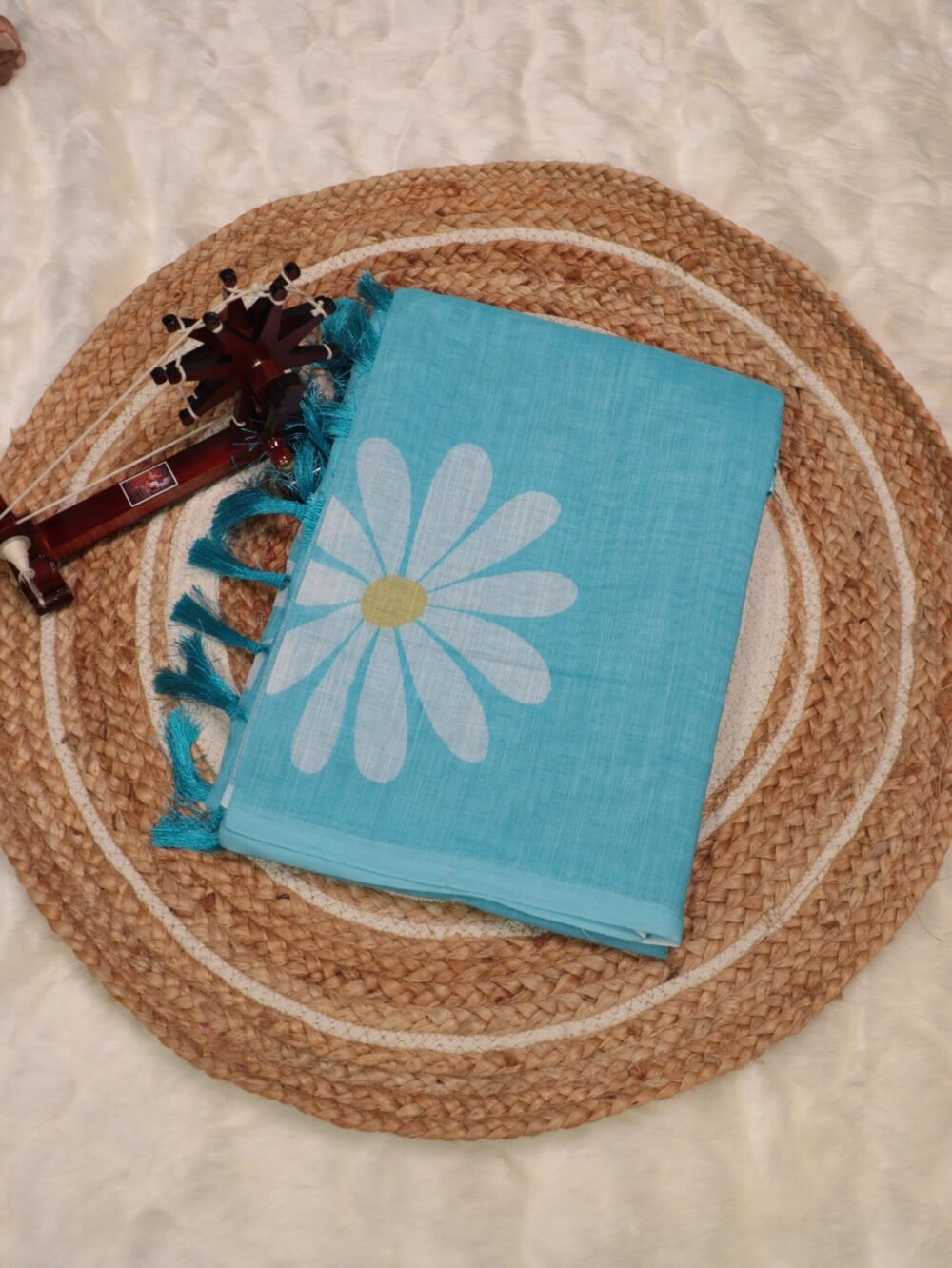 Aqua Blue Lenin Saree with Digital Floral Print – Elegant Casual & Brunch Wear