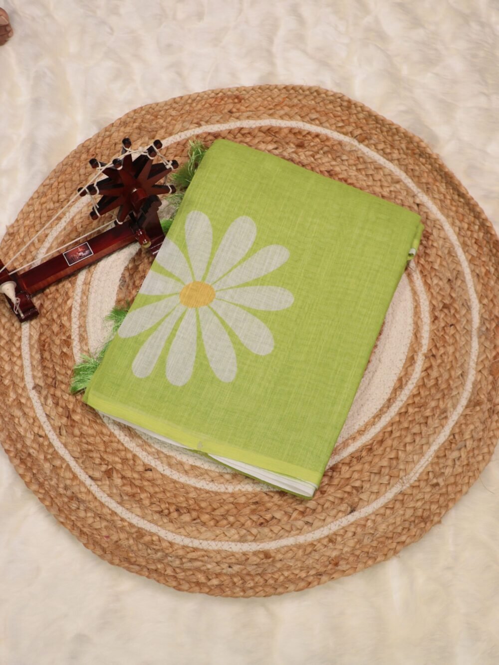 Pista Green Lenin Saree with Digital Floral Print – Elegant Casual & Brunch Wear