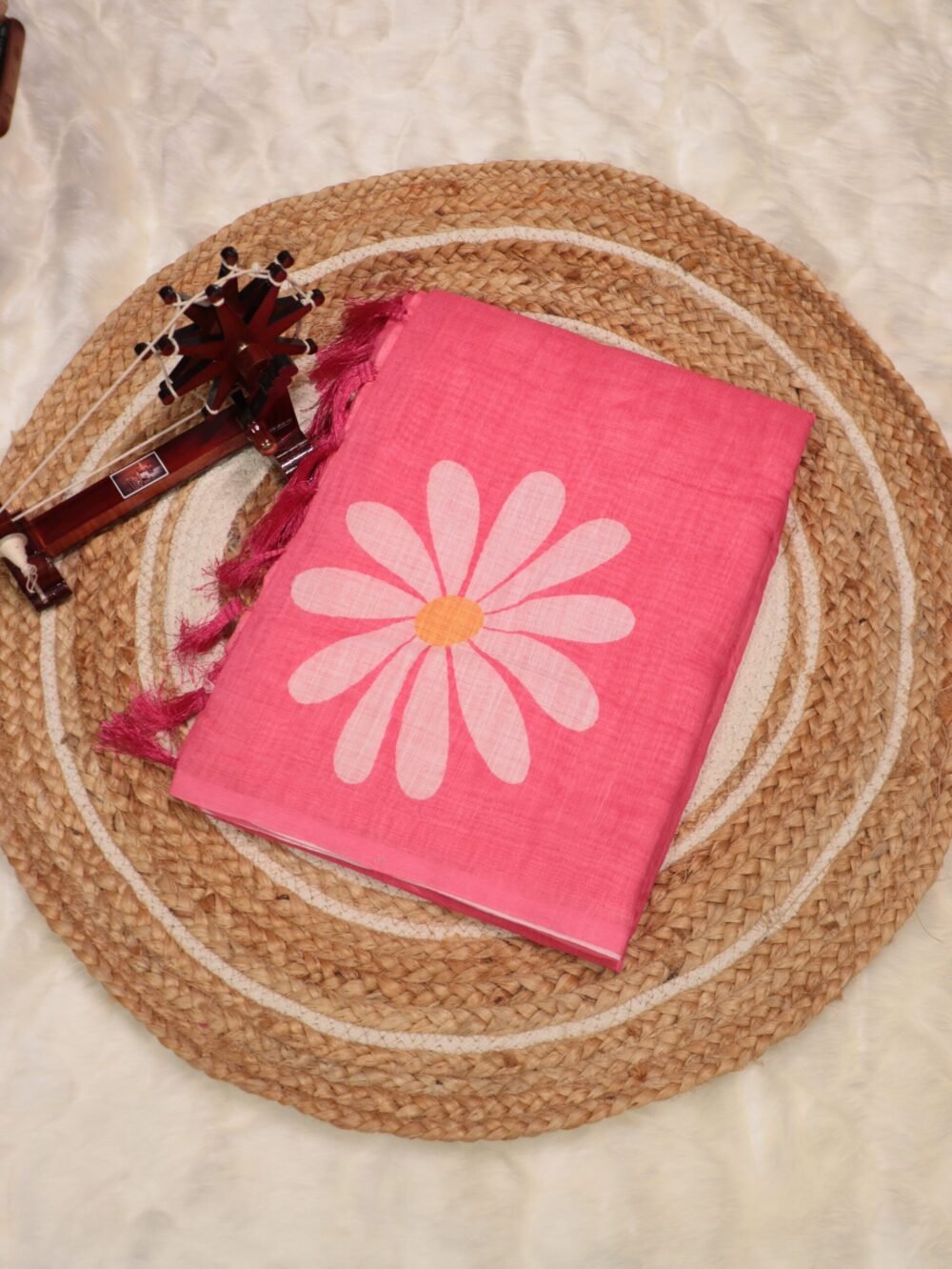 Rose Pink Lenin Saree with Digital Floral Print – Elegant Casual & Brunch Wear