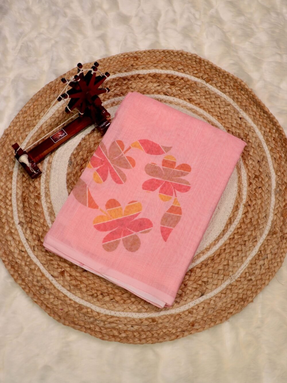 Coral Pink Floral Abstract Linen Cotton Sarees – Elegant Casual Brunch Wear