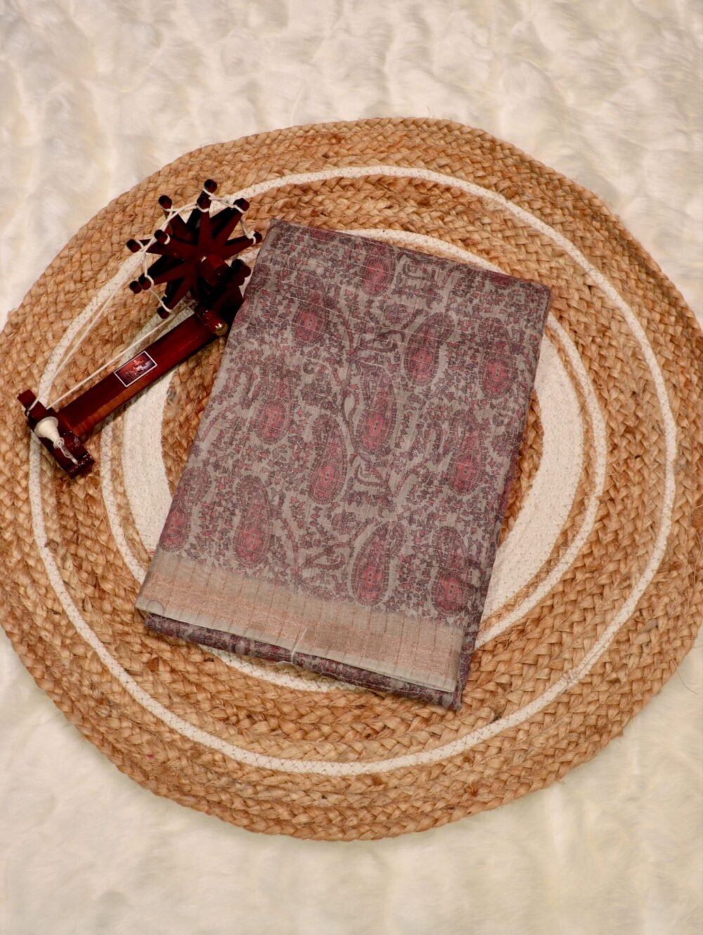 Smoke Grey Paisley Subtle printed saree featuring intricate motifs and fine texture with a refined finish for versatile wear