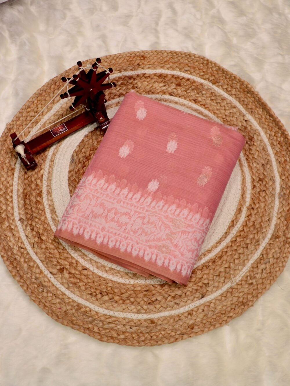 Blush Pink Chanderi Cotton Saree featuring allover Buttaas and fine texture with a refined finish for versatile wear