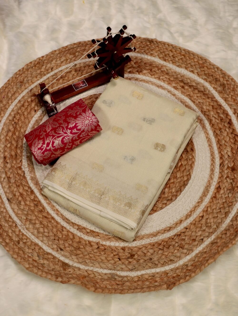 Ivory Cream Dola Silk Saree with Gold-Silver Elephant, Peacock Motif- Premium Viscose Dola Silk with Contrast blouse